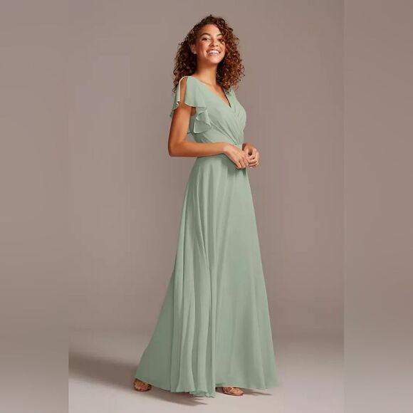 🍑David's Bridal Dusty Sage Green Flutter Sleeve Gown Size 6 - Picture 1 of 13